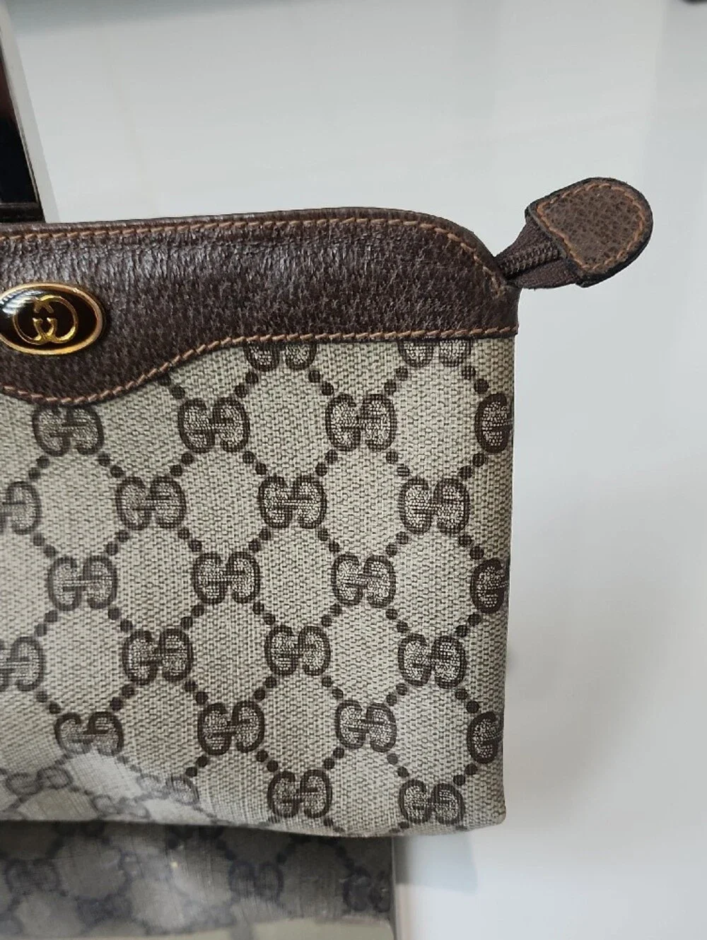 Gucci Brown GG Canvas Cosmetic Pouch with Leather Trim